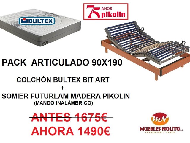 LIQUIDACIÓN DE STOCK "PACK ARTICULADO 90X190 COLCHÓN BIT ART BULTEX + SOMIER  MADERA PIKOLIN"